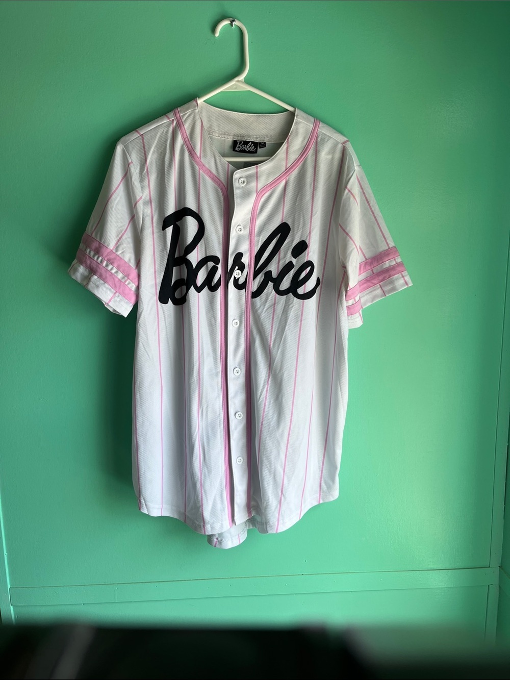Barbie White & Pink Pinstripe Baseball Jersey with Black Logo